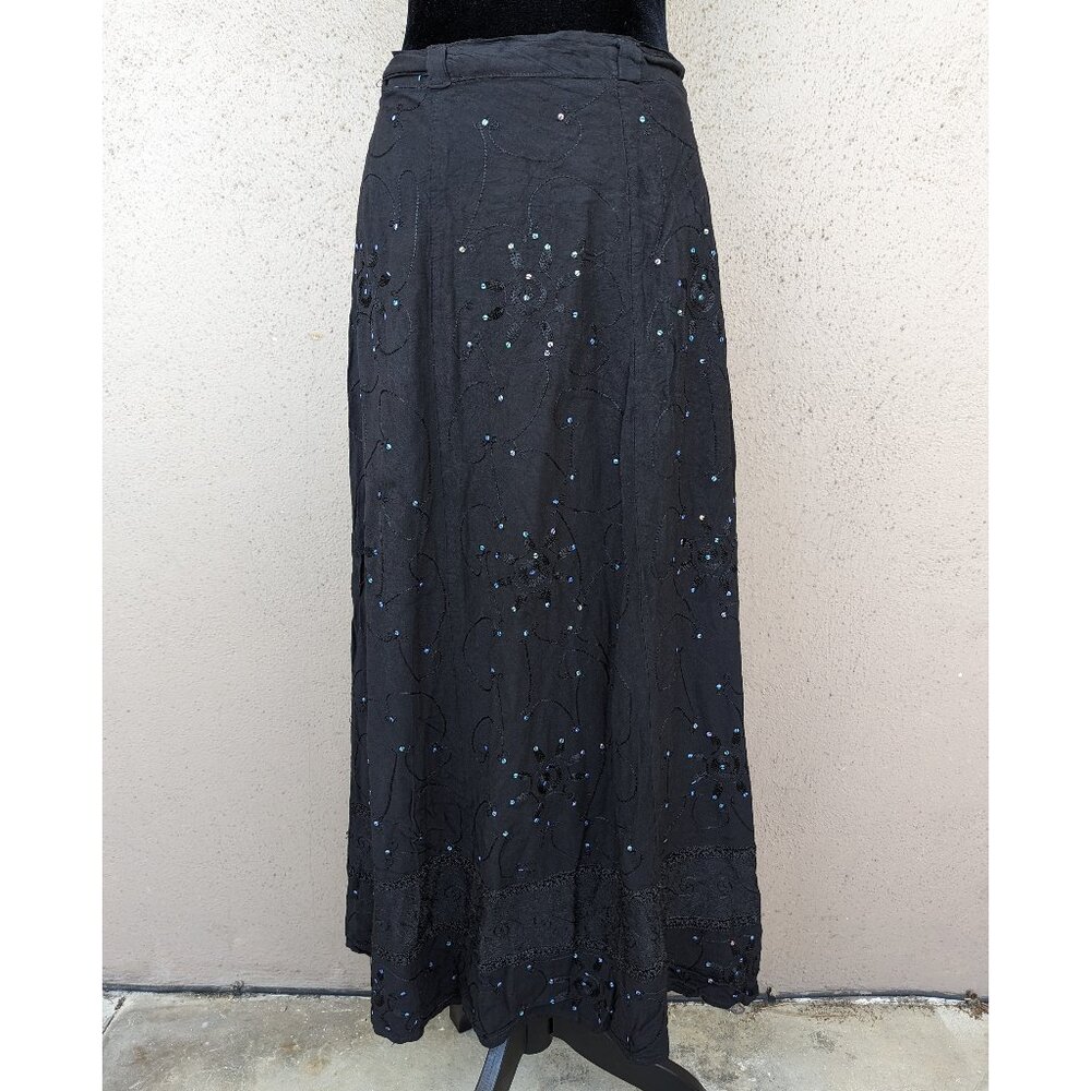 💜✨Vintage Black Sequined Embroidered Wrap Maxi Skirt